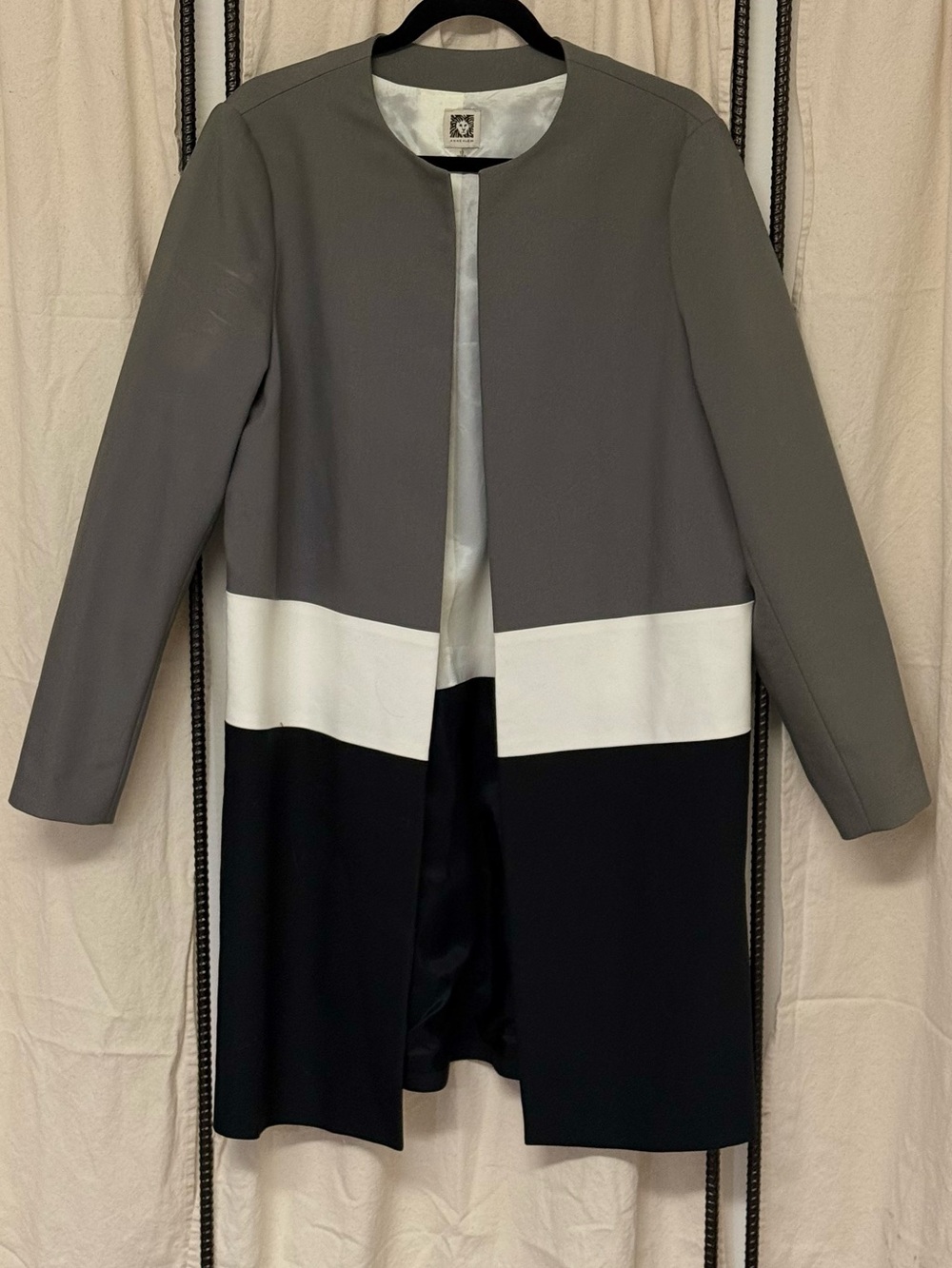Anne Klein Colorblock Longline Jacket Coat - Gray, White & Black MSRP $228